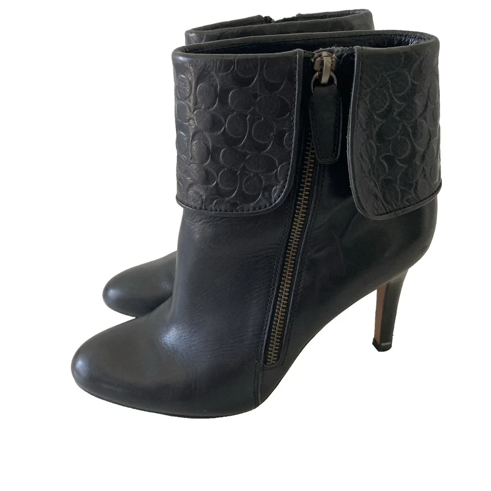 Coach Mackenna Black Leather Slim Heel Ankle Bootie Boot Round Toe Side Zip 9.5